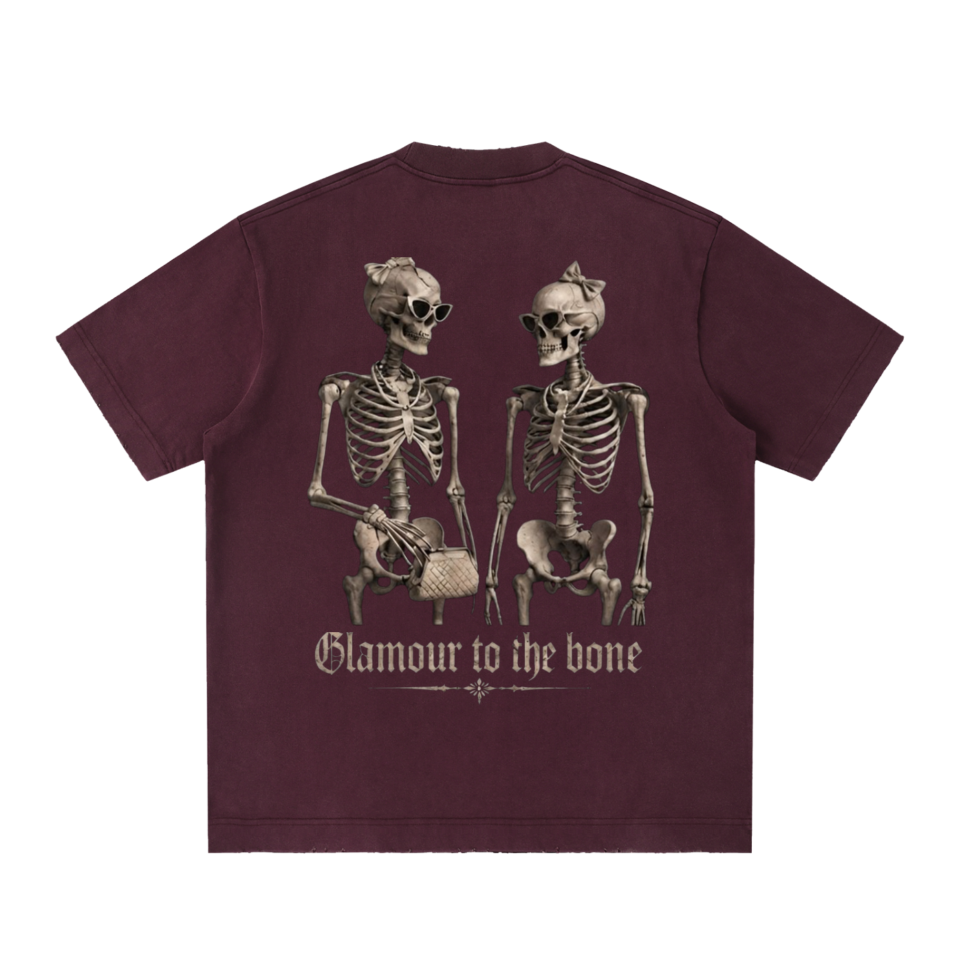 Bordowy t-shirt streetwear Cerber™ GLAMOUR TO THE BONE z grafiką szkieletów