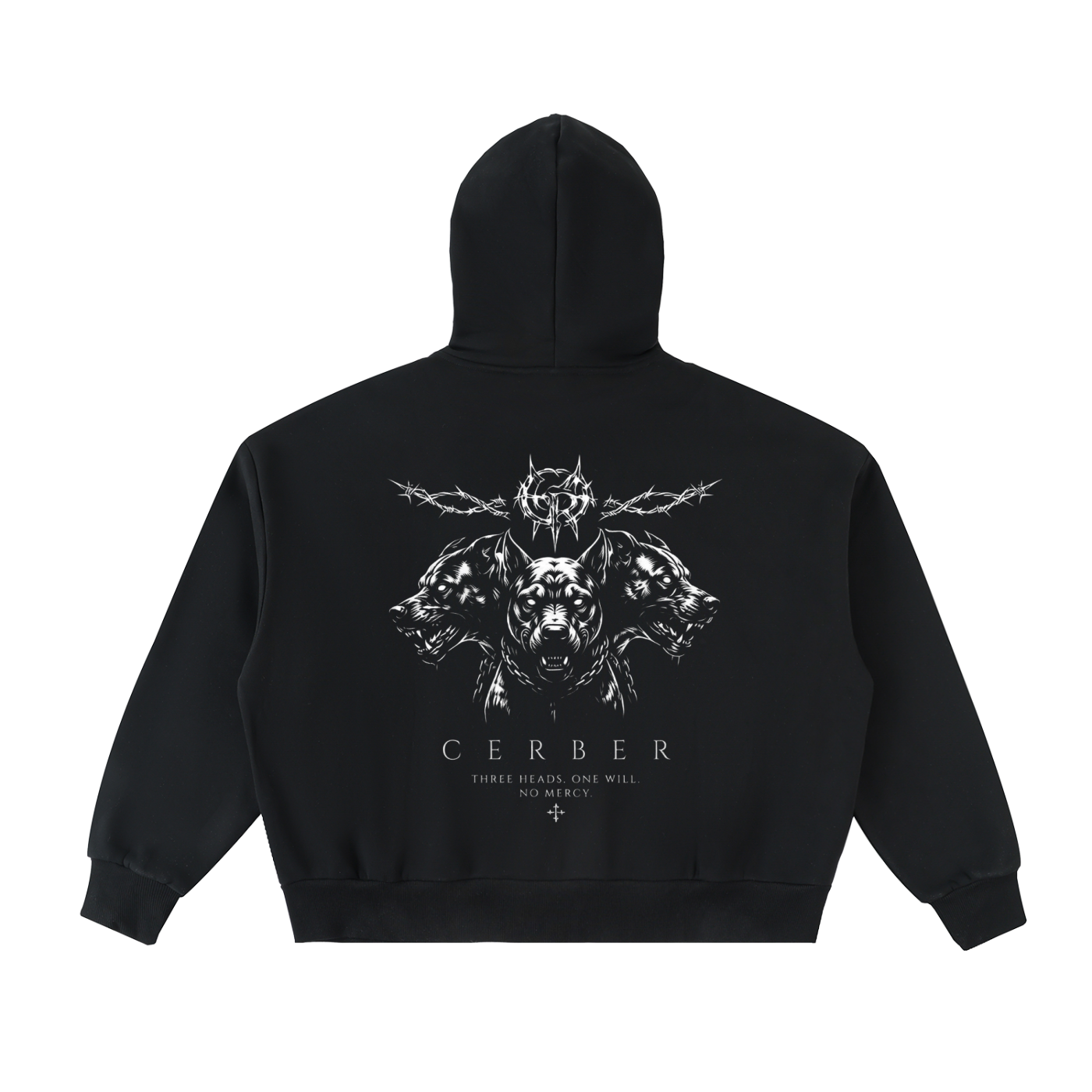 Czarny hoodie oversize Cerber™ TRINITY z nadrukiem trzygłowego psa na plecach