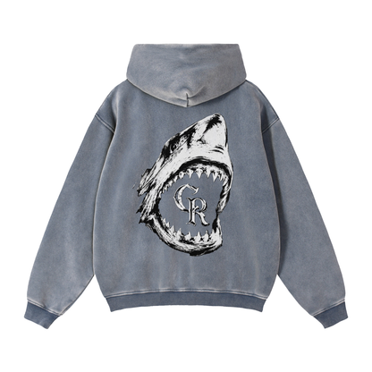 Bluza męska unisex z kapturem w kolorze acid wash blue-grey z dużym drapieżnym nadrukiem na plecach Apex Jaw CERBER