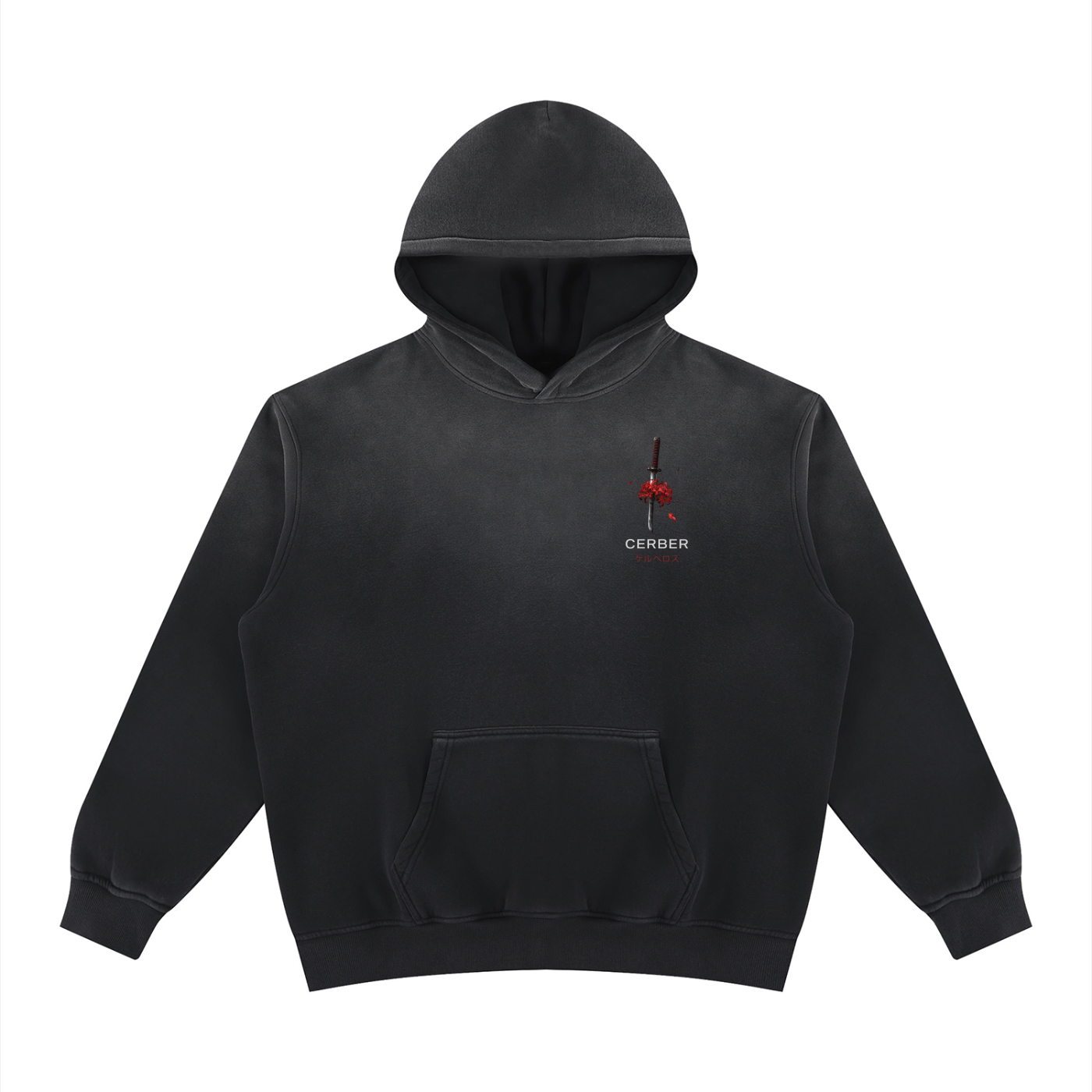 Czarna bluza z kapturem oversize z czerwonym akcentem na piersi Higanbana Katana CERBER - przód