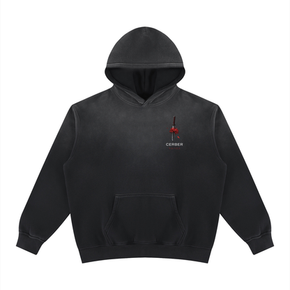 Czarna bluza z kapturem oversize z czerwonym akcentem na piersi Higanbana Katana CERBER - przód
