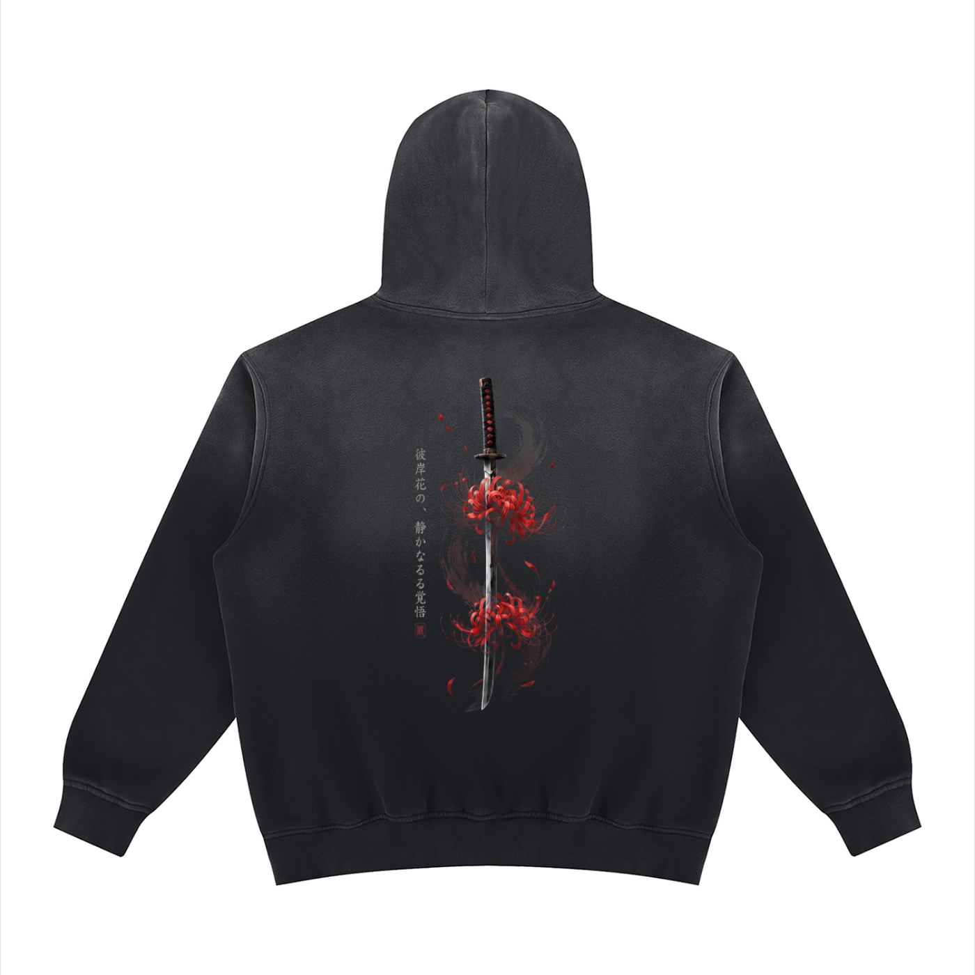 Czarna bluza z kapturem męska oversize z grafiką katany i czerwonych lilii higanbana na plecach Higanbana Katana CERBER - tył