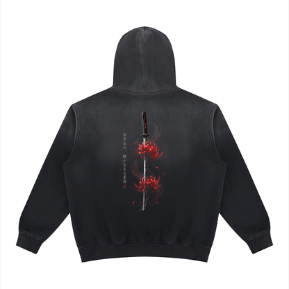 Czarna bluza z kapturem męska oversize z grafiką katany i czerwonych lilii higanbana na plecach Higanbana Katana CERBER - tył