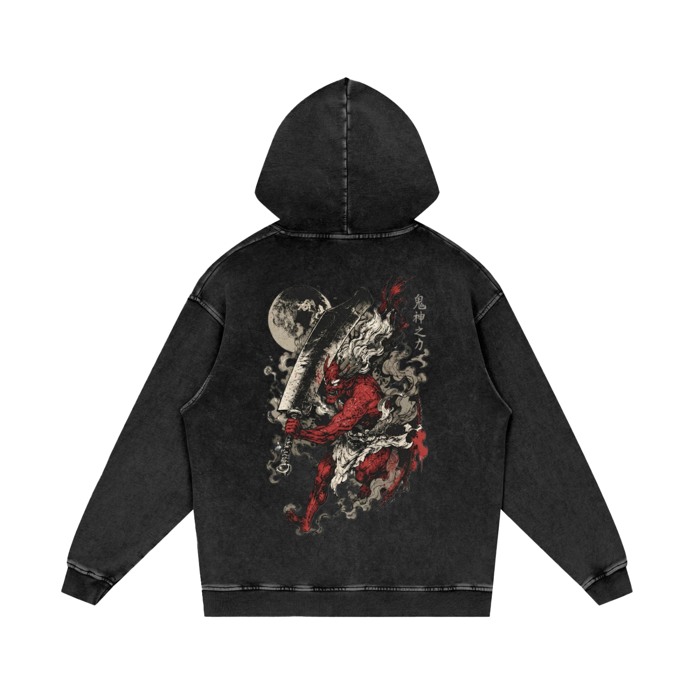 Bluza męska z kapturem oversize acid wash dark grey z dużym nadrukiem czerwonego demona Kishin Oni na plecach CERBER - tył