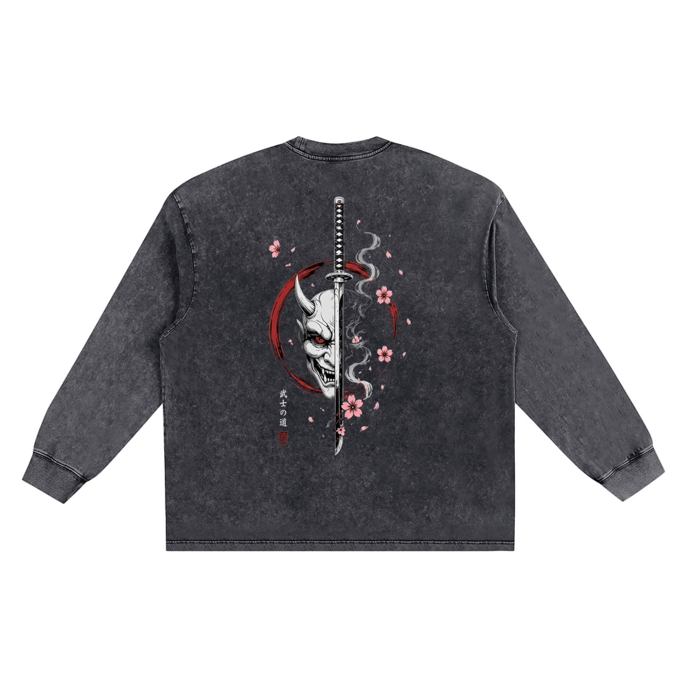 Koszulka longsleeve męska oversize acid wash dark grey z grafiką katany i maski Oni na plecach Bushido Katana CERBER - tył