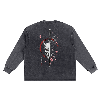 Koszulka longsleeve męska oversize acid wash dark grey z grafiką katany i maski Oni na plecach Bushido Katana CERBER - tył