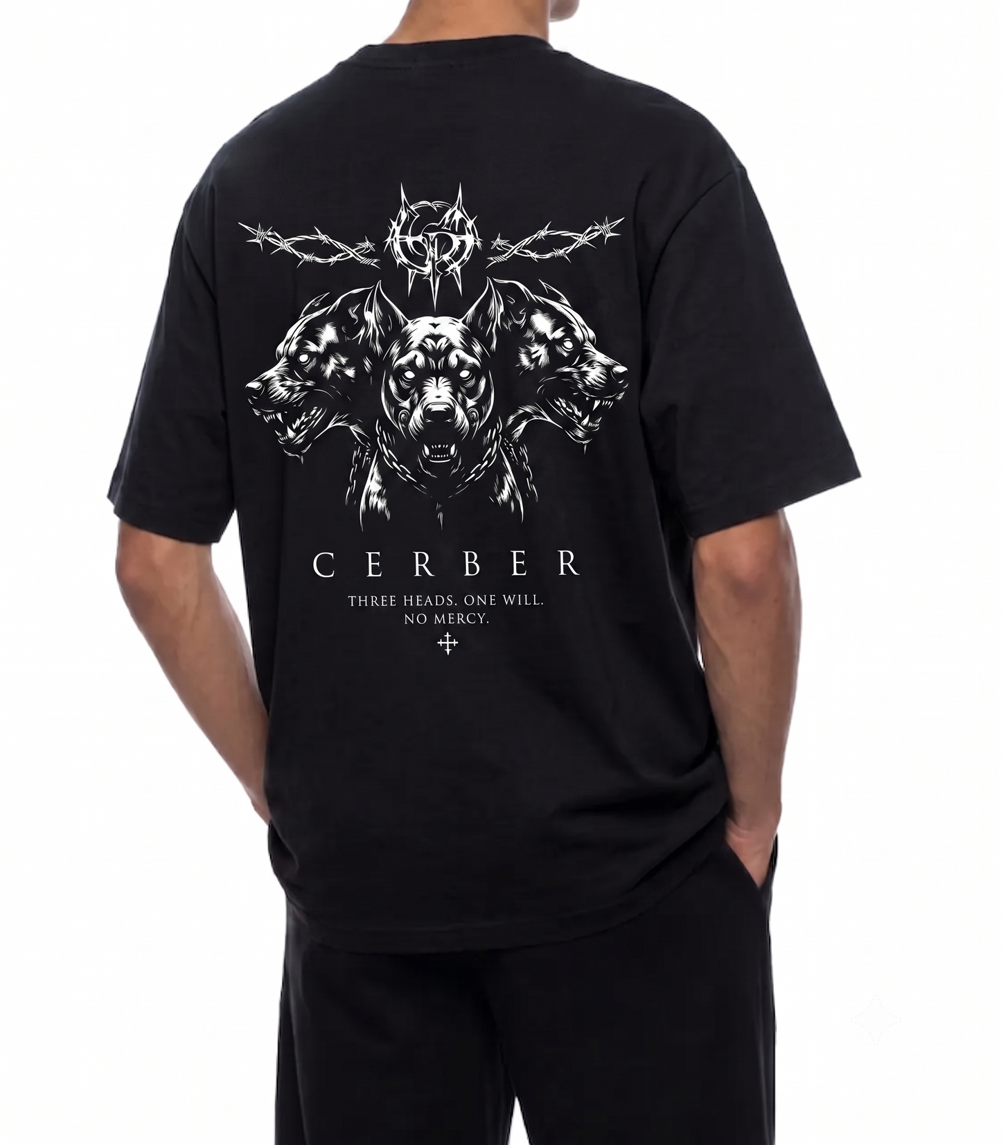 Czarna koszulka męska Cerber™ TRIAD z grafiką Cerberus i drutem kolczastym