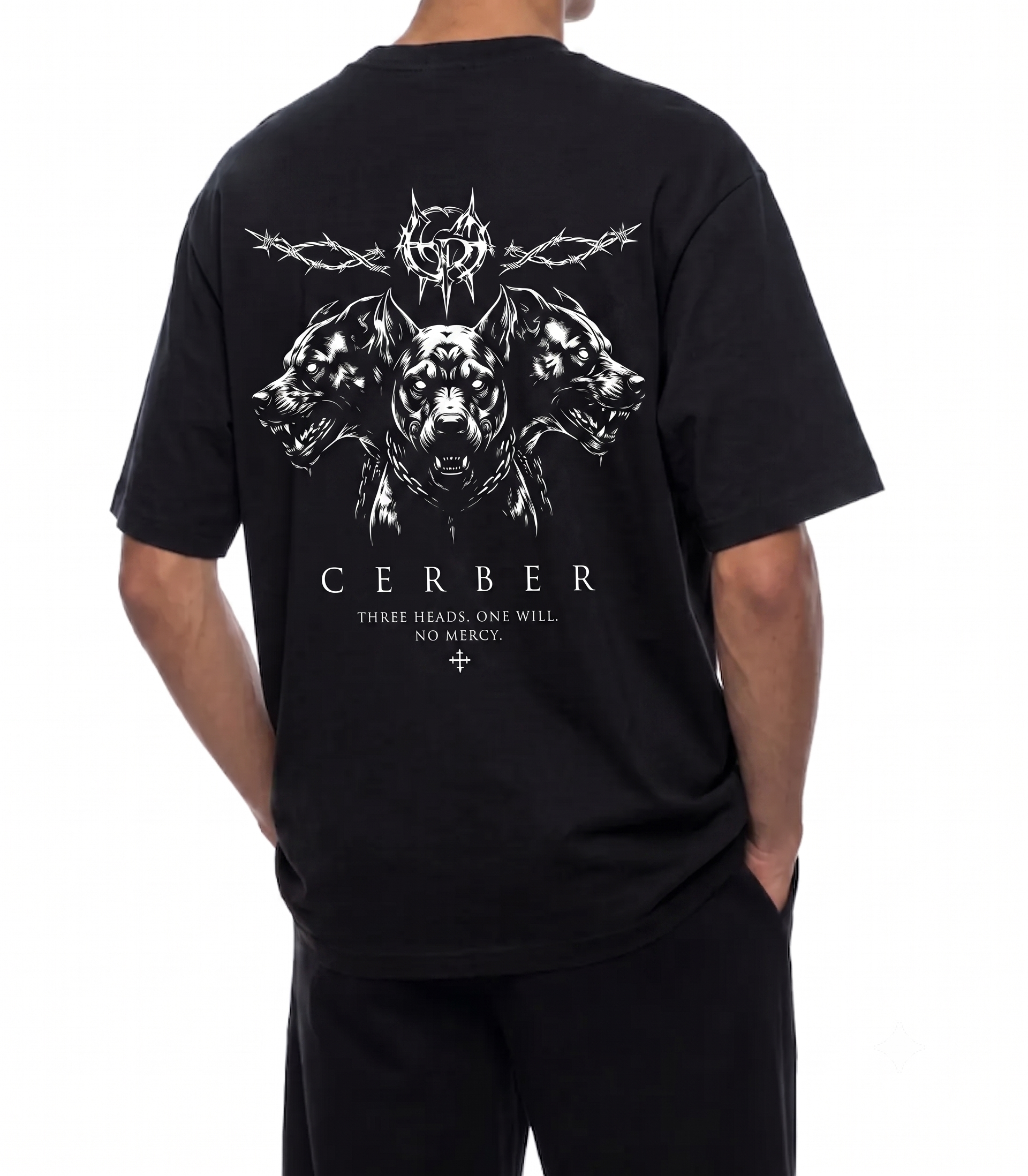 Czarna koszulka męska Cerber™ TRIAD z grafiką Cerberus i drutem kolczastym