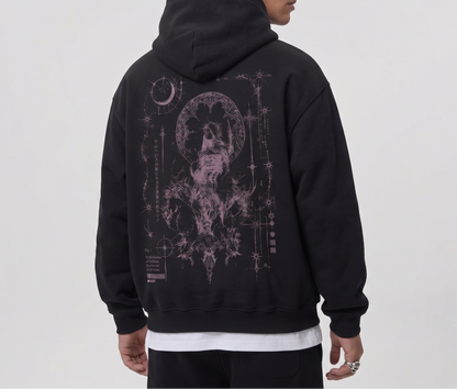 Męska czarna bluza z kapturem Shadow Code na modelu - stylizacja darkwear tył