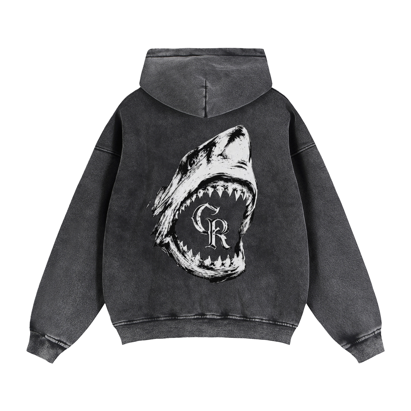 Bluza z kapturem męska unisex oversize w kolorze acid wash dark grey z dużym nadrukiem paszczy rekina Apex Jaw CERBER - tył