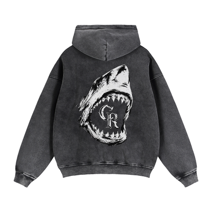Bluza z kapturem męska unisex oversize w kolorze acid wash dark grey z dużym nadrukiem paszczy rekina Apex Jaw CERBER - tył