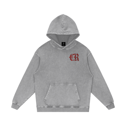 Jasnoszara bluza z kapturem oversize z czerwonym logo CR na piersi Kishin Oni CERBER - przód