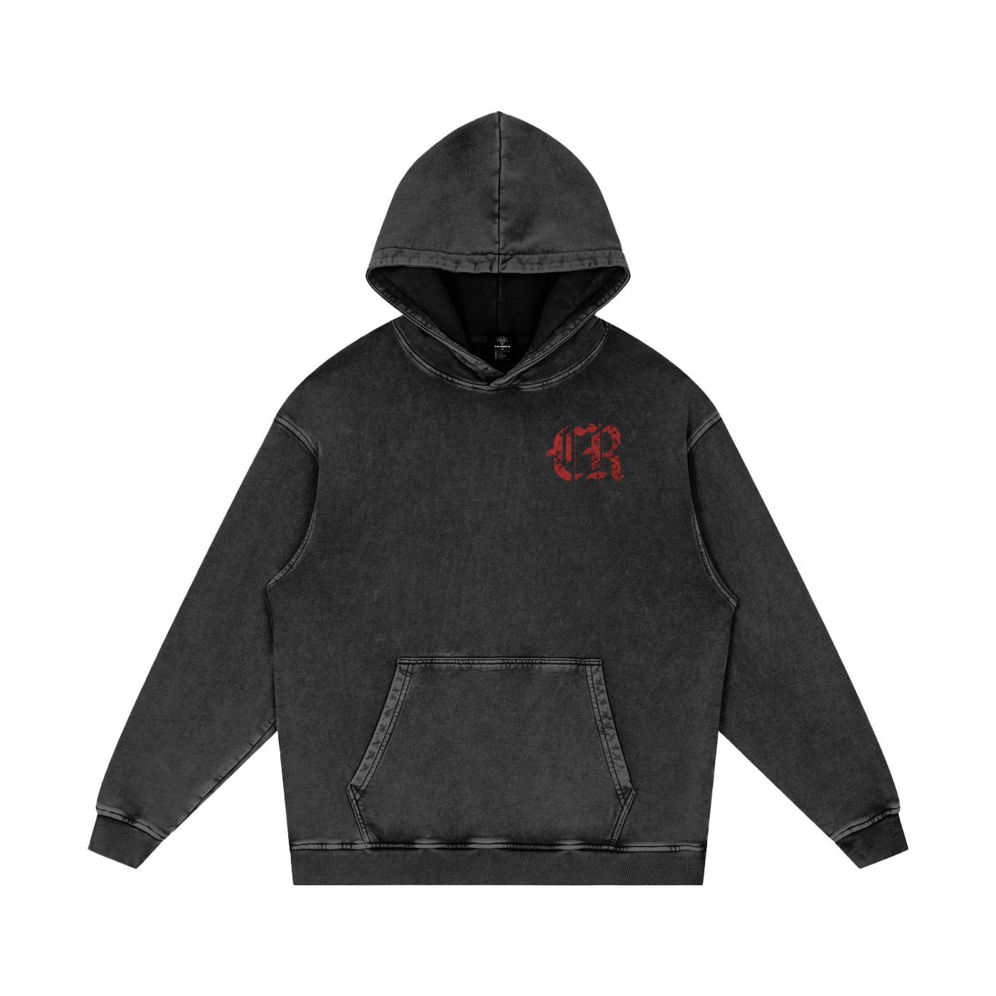 Czarno-szara bluza z kapturem acid wash oversize z czerwonym logo CR na piersi Kishin Oni CERBER - przód