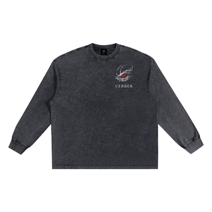 Koszulka longsleeve męska oversize acid wash dark grey z małym nadrukiem na piersi Bushido Katana CERBER - przód