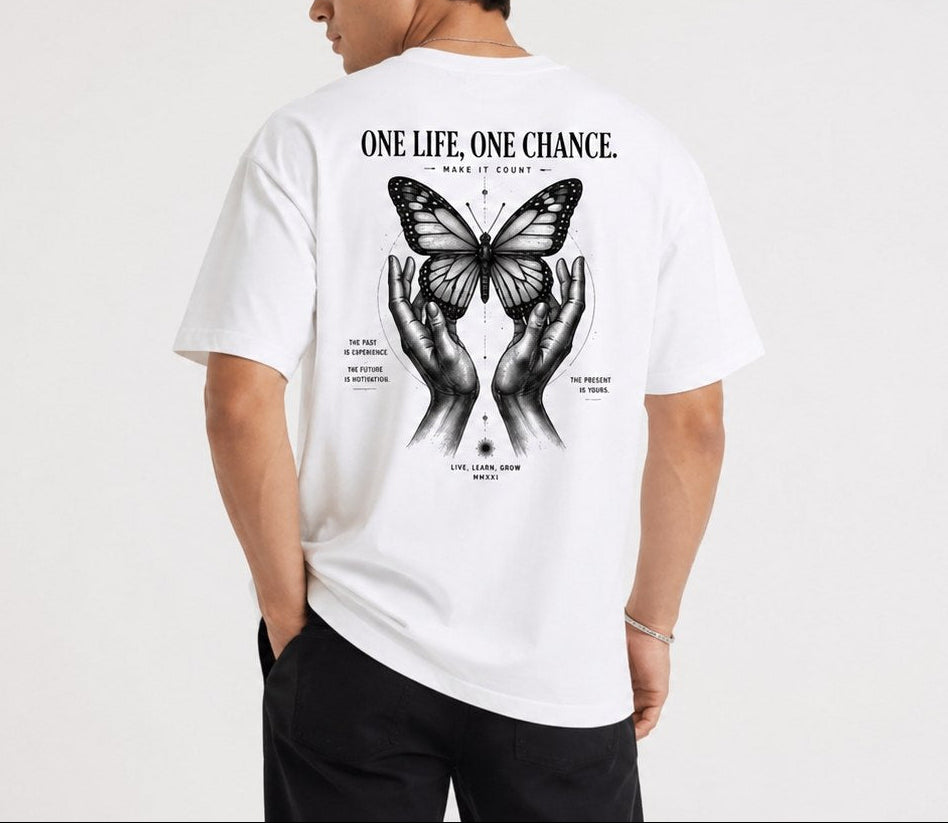 Męska biała koszulka oversize Cerber™ ONE CHANCE z grafiką One Life One Chance