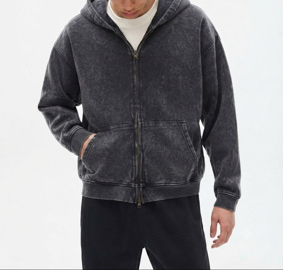 Bluza rozpinana z kapturem męska acid wash dark grey Apex Jaw CERBER na modelu - przód