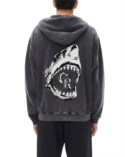 Bluza z kapturem acid wash dark grey z nadrukiem paszczy rekina Apex Jaw CERBER na modelu - tył
