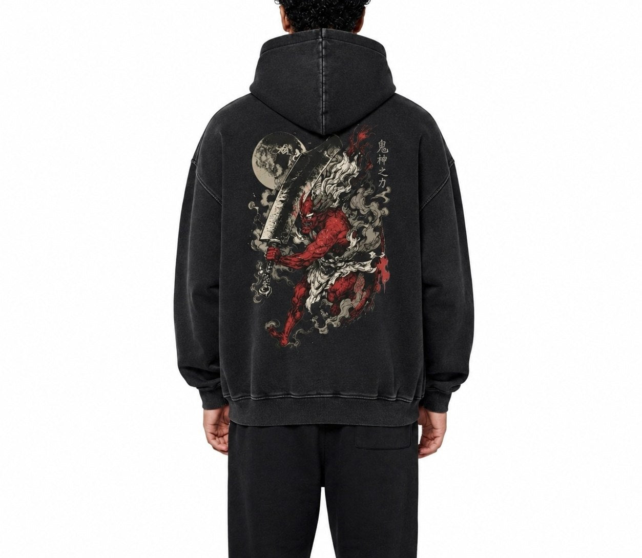 Męska bluza z kapturem acid wash dark grey z grafiką demona Kishin Oni na modelu - tył