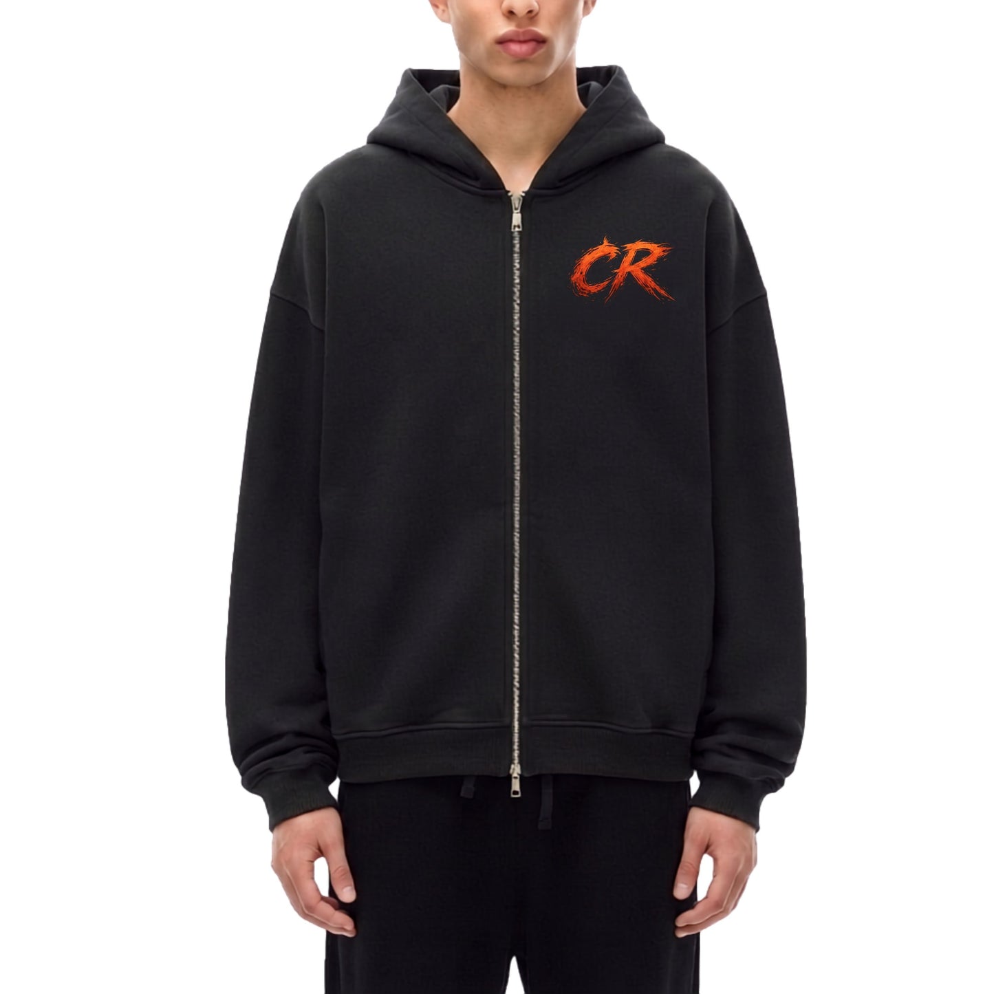 Męska czarna bluza z kapturem oversize z czerwonym logo na piersi Heike Crabs na modelu - przód