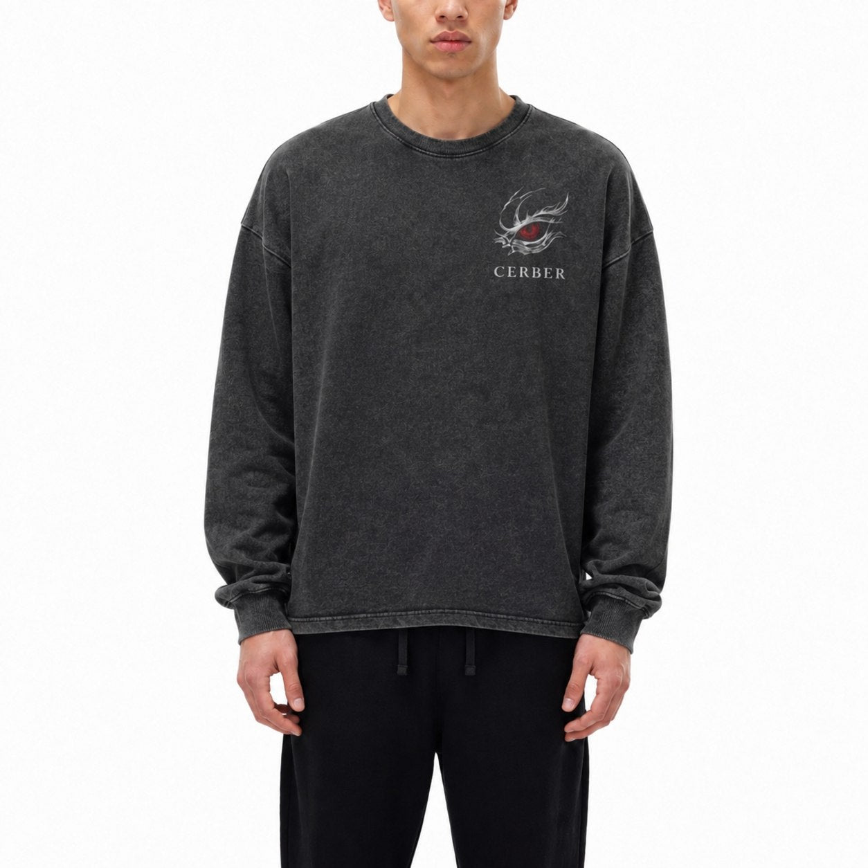 Męski longsleeve oversize acid wash dark grey Bushido Katana na modelu - przód